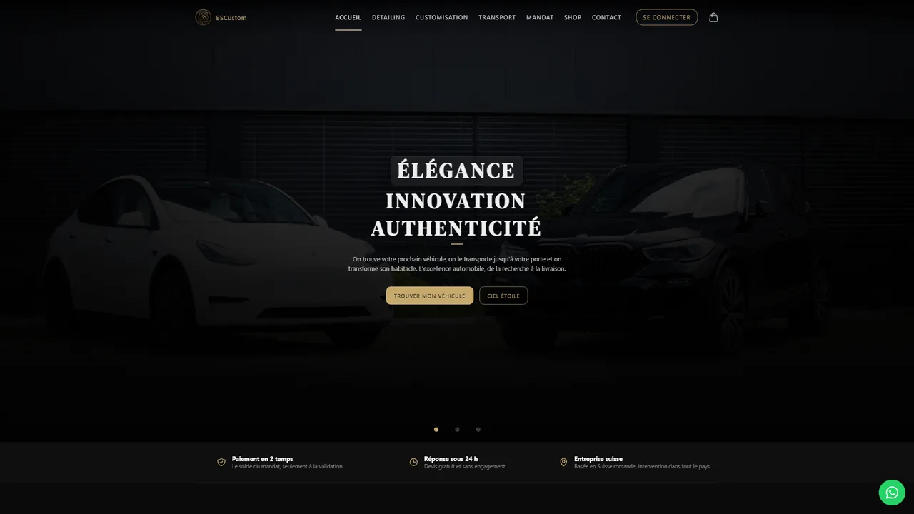 Accueil du site de BS Custom, personnalisation automobile à Carrouge (VD)