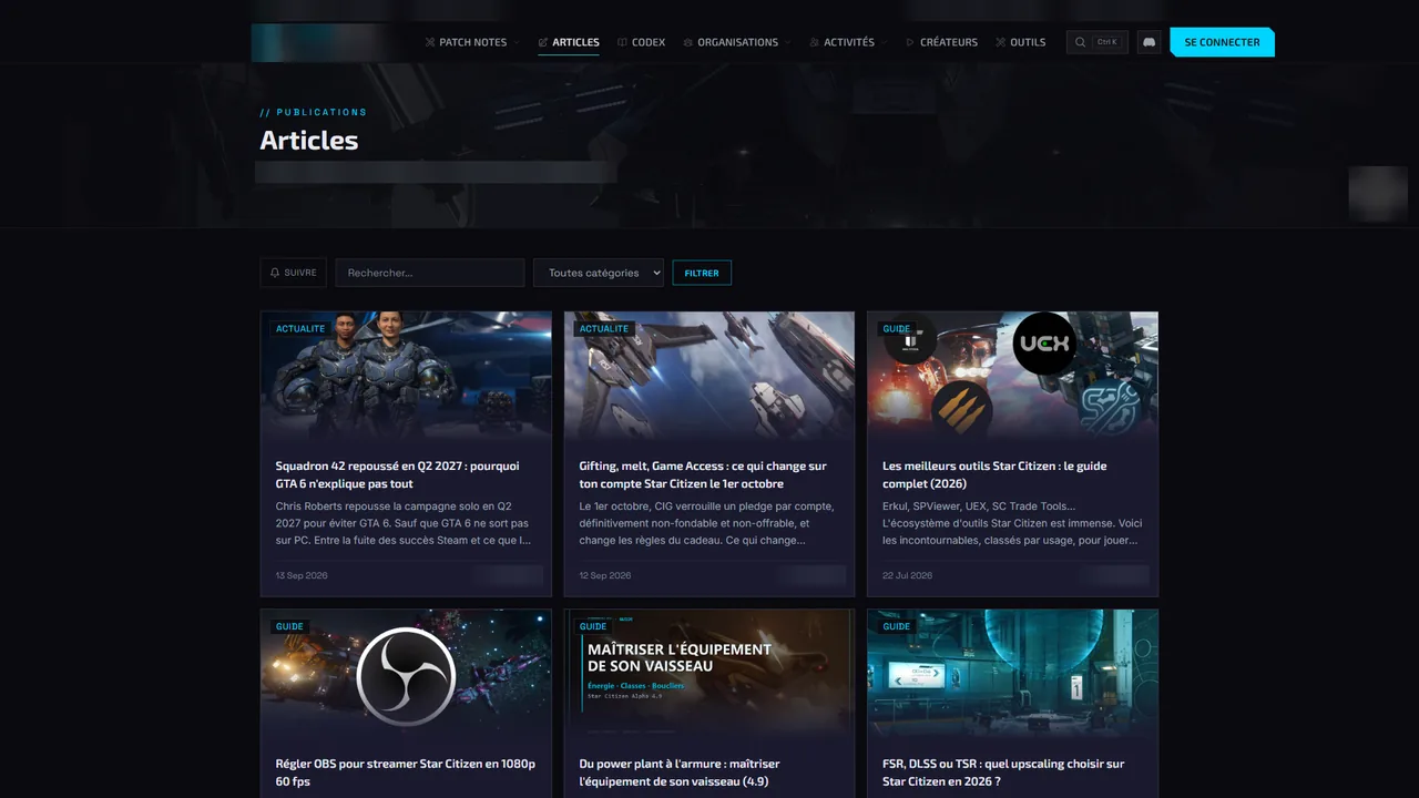 Page des articles, noms floutés